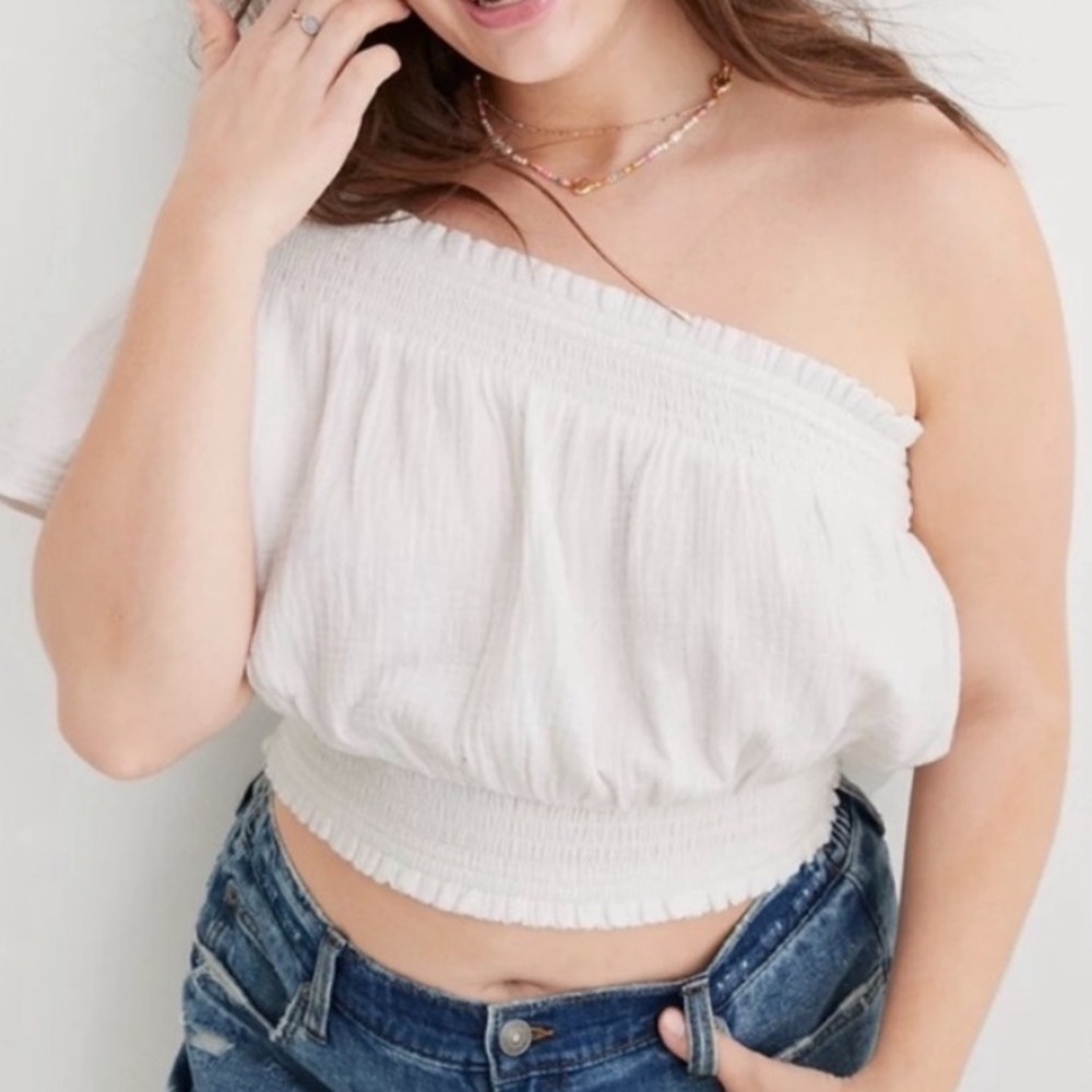 Aerie Pool To Party One Shoulder Top Size Medium Cotton Gauze White Crop Beach